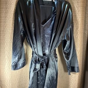 Victoria's Secret Lingerie Set, Blue Satin Robe & Floral Chemise, Size L
